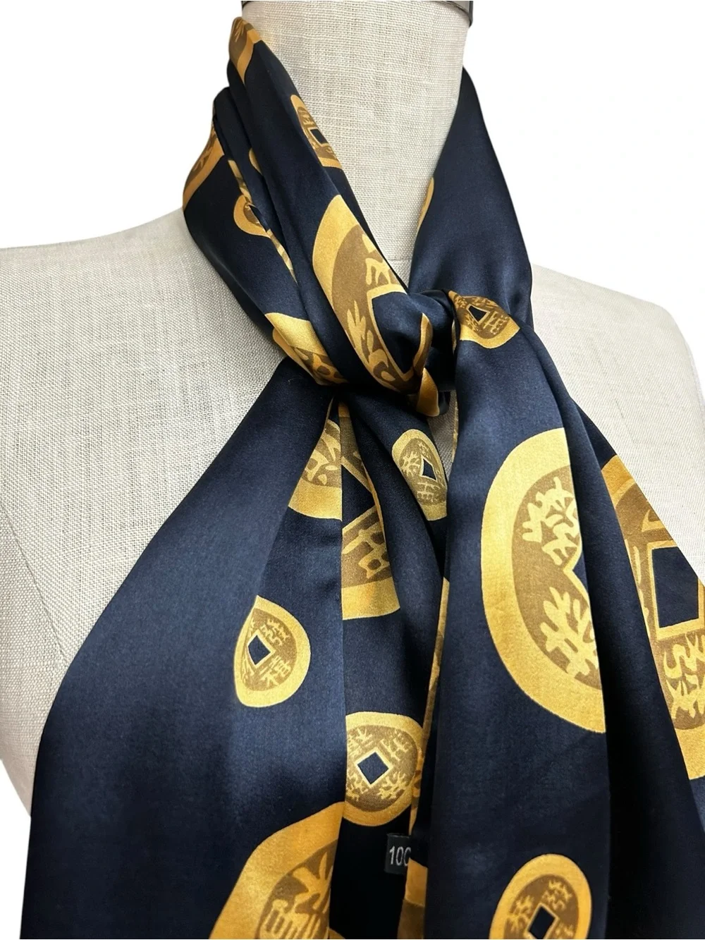 Black Gold Silk Feng Shui Coin Scarf Chinese Lucky Coin Fringe Wrap 44x11